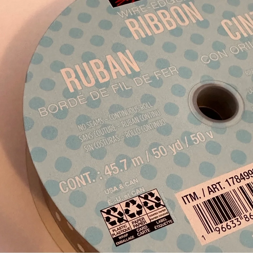 New Kirkland Signature Wire-Edged Ribbon Black with White Polka Dot 50Yard